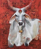 Artist: Jiban Biswas <br> Title : Cosmic Cow 4<br> Medium: Acrylic on Canvas<br> Size : 30 x 36 inches