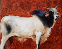 Artist: Jiban Biswas <br> Title : Cosmic Cow<br> Medium: Acrylic on Canvas<br> Size : 48 x 60 inches