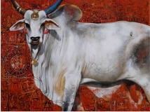 Artist: Jiban Biswas <br> Title : Cosmic Cow 5<br> Medium: Acrylic on Canvas<br> Size : 36 x 48 inches