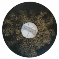 Title-Stretched, Size- 50- Diameter,Medium- Block printing, bandages, silk thread on canvas