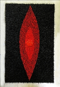 Artist: Megha Joshi<br> Title : The Wound- III<br> Medium: Cotton Wicks Vermillion and Acrylic Paint on Plywood<br> Size : 48 x 30 inches<br> Year : 2016