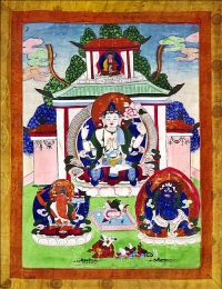 Artist: Thangka Painting<br> Title Form of Bodhisattva with Manjusree<br> (left) and Mahakala (right) <br> Medium: Natural Pigments on Cloth<br> Size : 27 x 17.5 inches