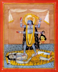 Artist : Bengal Miniature<br> Title : Kali<br> Medium: Gouache on Paper<br> Size : 9.5 x 8 inches