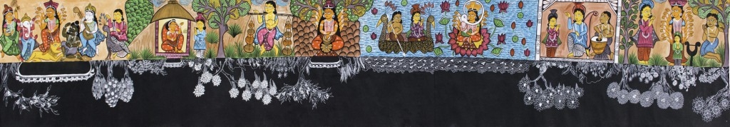 DURGA MANGAL, 137.7 x 23.6 inches, Acrylic Paint on Pattachitra, Tarshito with Mamomi, Chitrakar Naya Village, West Bengal, India. Collaboration-Veronica Condello, Bari Italia