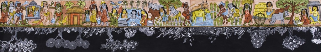 RURAL LIFE, 137.7 x 23.6 inches, Acrylic Paint on Pattachitra, Tarshito with Suman Chitrakar Naya Village, West Bengal, India. Collaboration-Veronica Condello, Bari Italia