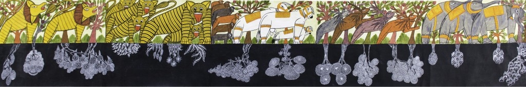 THE ANIMALS AND THE TREES, 137.7 x 23.6 inches, Acrylic Paint on Pattachitra, Tarshito with Mantu Chitrakar Naya Village, West Bengal, India. Collaboration-Veronica Condello, Bari Italia