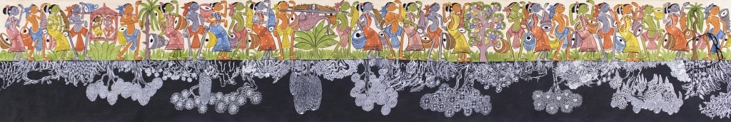 THE DANCE, 137.7 x 23.6 inches, Acrylic Paint on Pattachitra, Tarshito with Praabir Chitrakar Naya Village, West Bengal, India. Collaboration- Alessandra Disanto, Bari Italia
