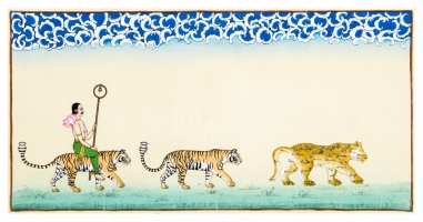 THE WARRIOR, THE TIGERS AND THE UNITY, 43.3 x 21.6 inches, Acrylic Paint on Canvas, Tarshito with Raju and Mukesh Swami, Bikaner, Rajasthan, India