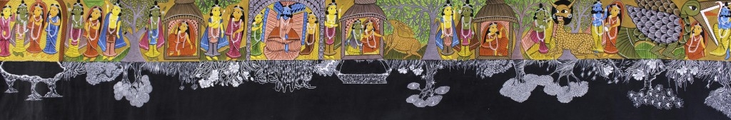 THE WEDDING AND THE NATURE, 137.7 x 23.6 inches, Acrylic Paint on Pattachitra, Tarshito with Tagar Chitrakar Naya Village, West Bengal, India. Collaboration-Veronica Condello, Bari Italia